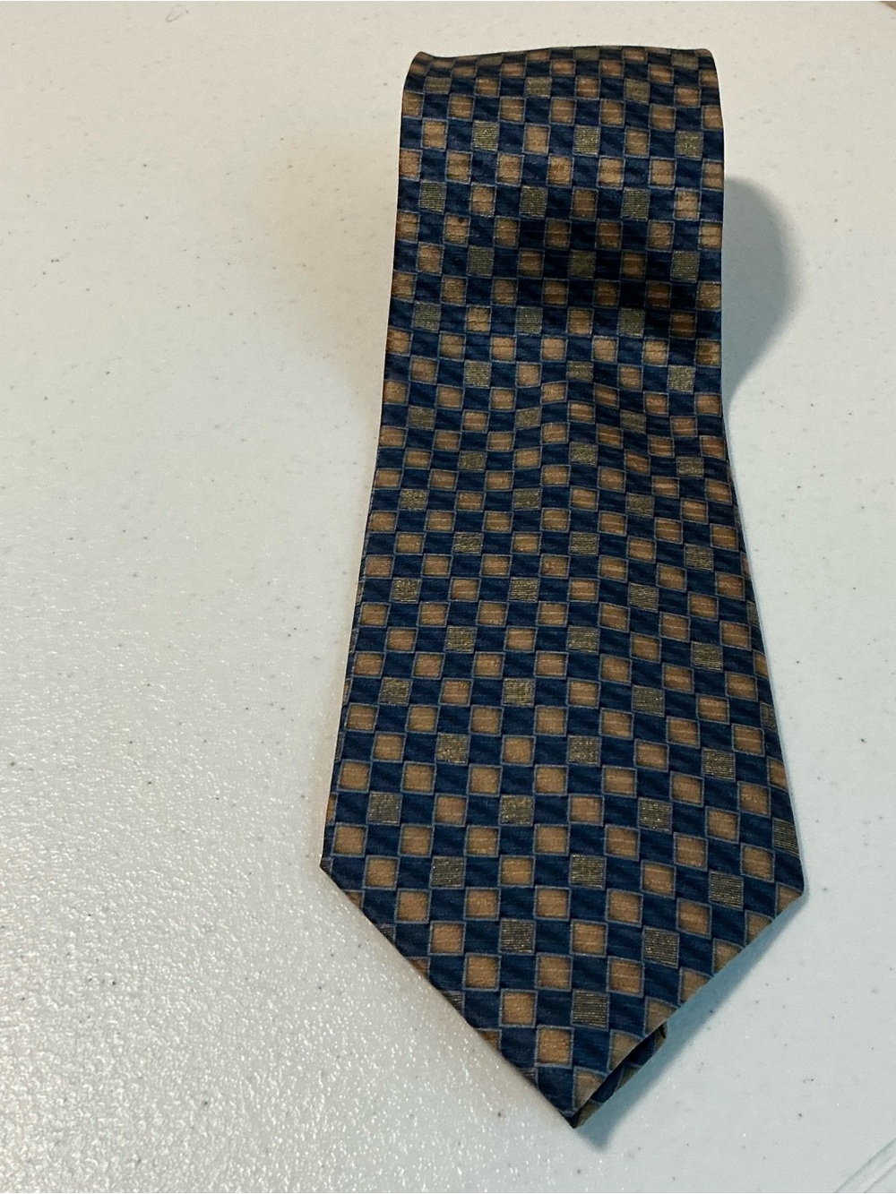 Salvatore Pellegrino Silk Tie Mens Geometric Checkered Blue Gold Italy Hand Made